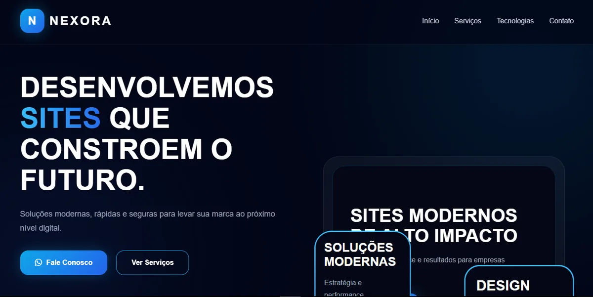 Página inicial do site Nexora Web, plataforma de criação de sites para empresas